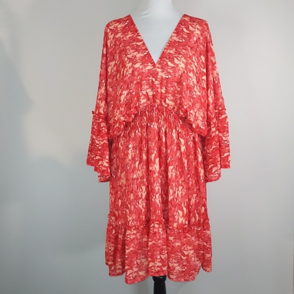Jollycode Red Chiffon Patterned V-Neck Flared Bell Sleeve Boho Dress Size XL NWT